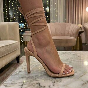 NWT X2B Nude Lace Up Square Toe Stiletto Heels Sexy